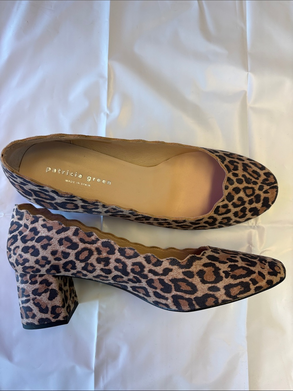 Patricia Green Leopard Print Scallop Block Heel Pumps - Tan & Black